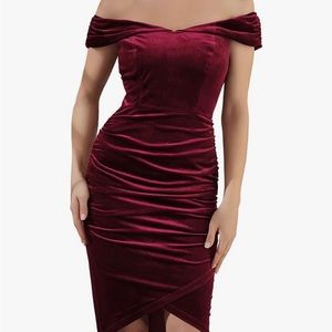 off shoulder wine red velvet cocktail dress